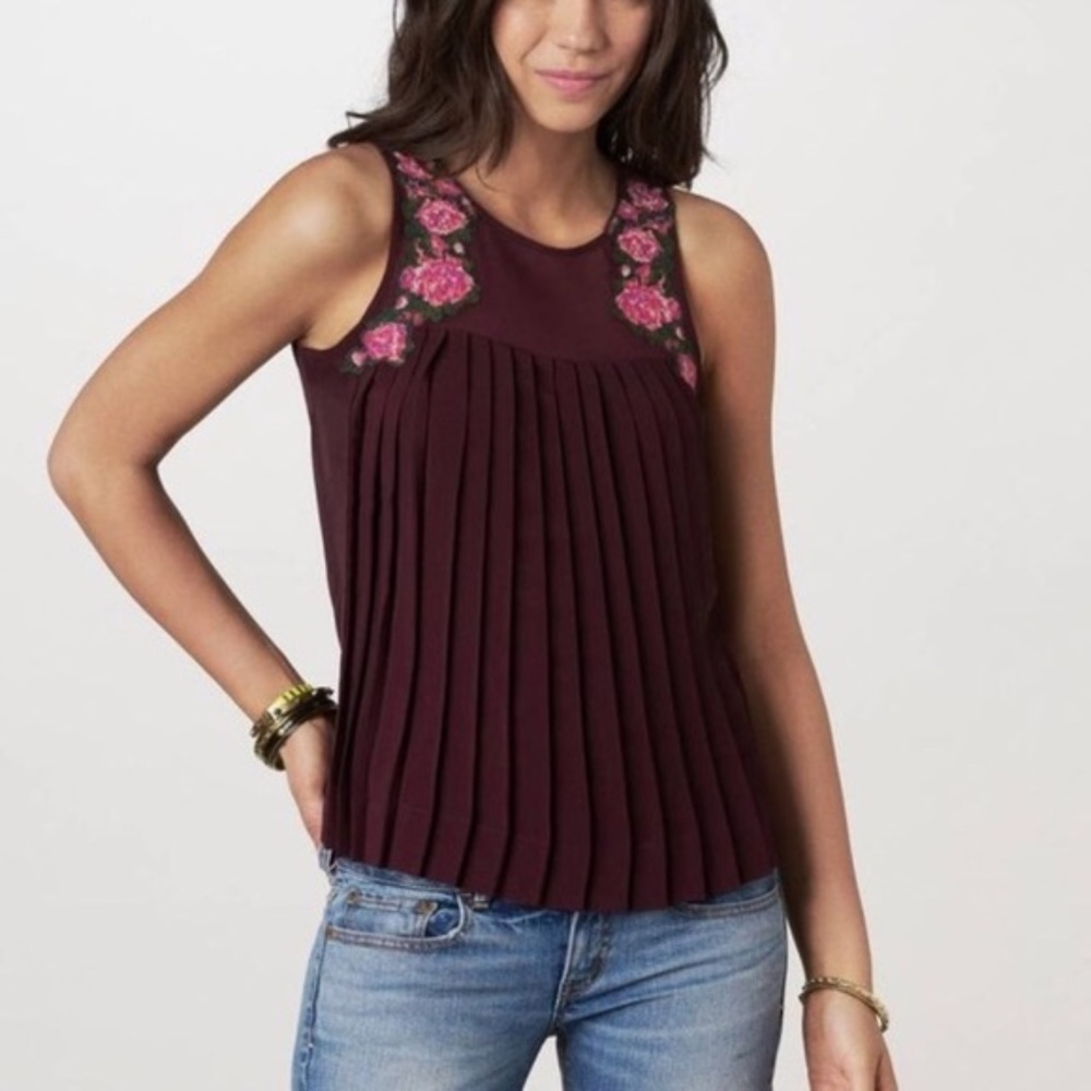AE Maroon Boho Pleated Floral Embroidered blouse